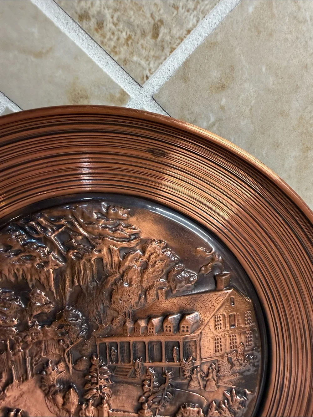 Currier & Ives Copper-Tone Embossed Wall Plate Horse Carriage Scene 10 Inch.
